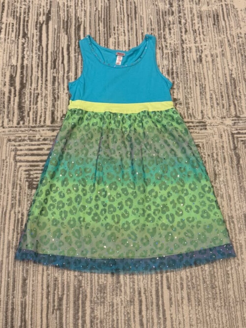Justice girls size 12 leopard print blue/green/purple sparkly tank dress